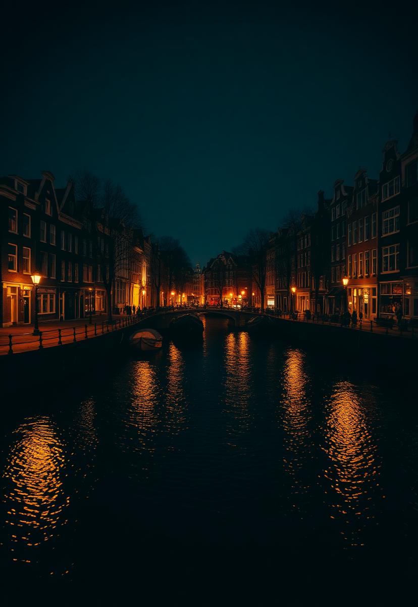 Amsterdam canal houses at night